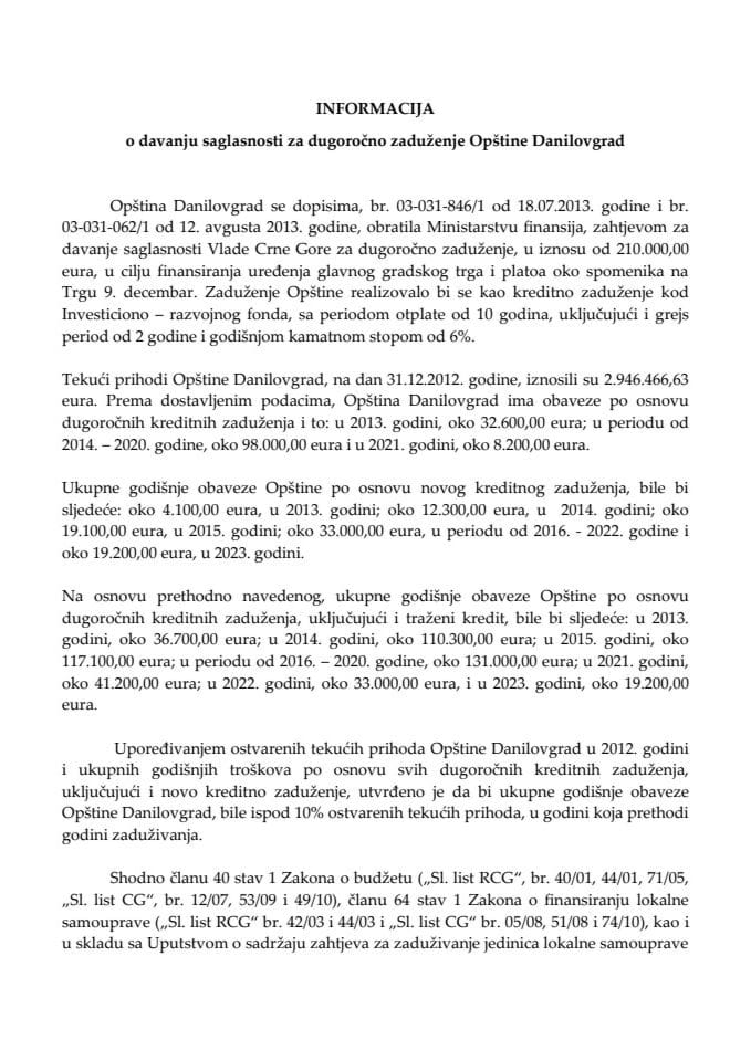 Информација о давању сагласности за дугорочно задужење Општине Даниловград (за верификацију)