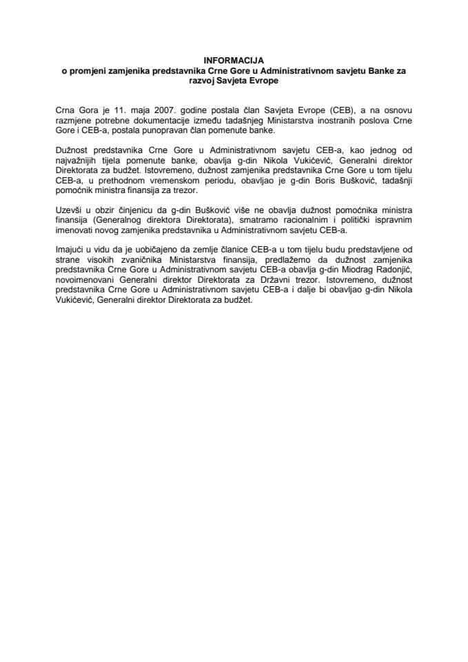 Informacija o promjeni zamjenika predstavnika Crne Gore u Administrativnom savjetu Banke za razvoj Savjeta Evrope (za verifikaciju)