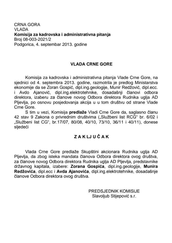Predlog zaključka o izboru članova Odbora direktora Rudnika uglja AD Pljevlja (za verifikaciju)