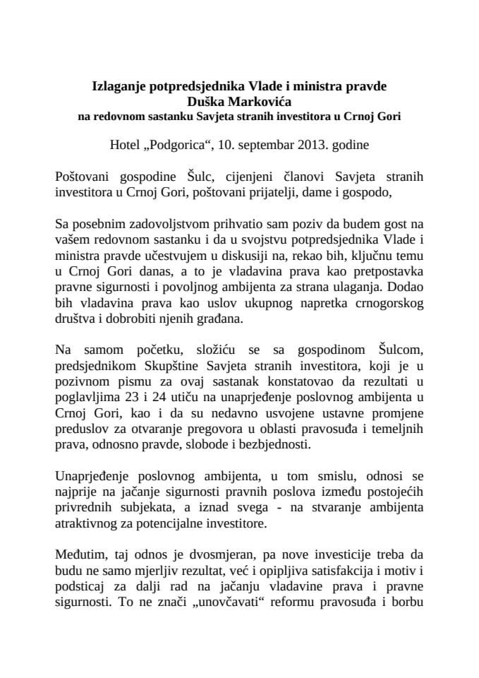 Izlaganje potpredsjednika Vlade i ministra pravde Duška Markovića na redovnom sastanku Savjeta stranih investitora u Crnoj Gori