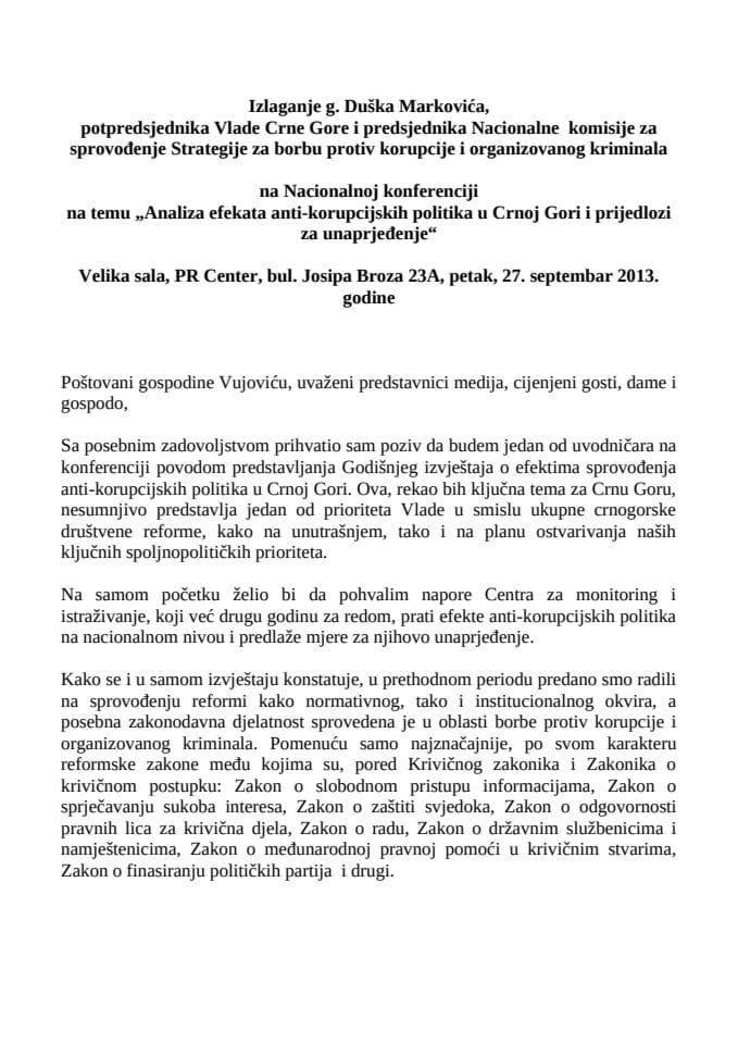 Говор потпредсједника Владе и министра правде Душка Марковића на националној конференцији под називом „Ефекти антикорупцијских политика у Црној Гори и приједлози за унапређење“