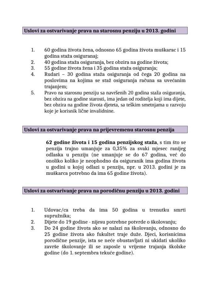 Услови за остваривање права на пензију у 2013 години