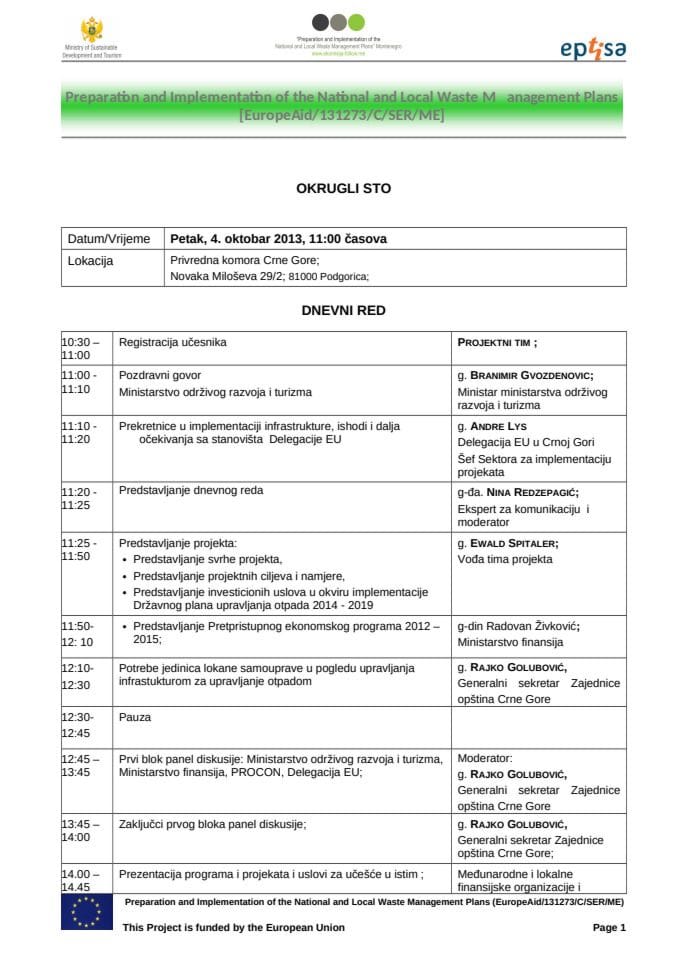 Agenda -Okrugli sto povodom finansiranja projekata upravljanja otpadom