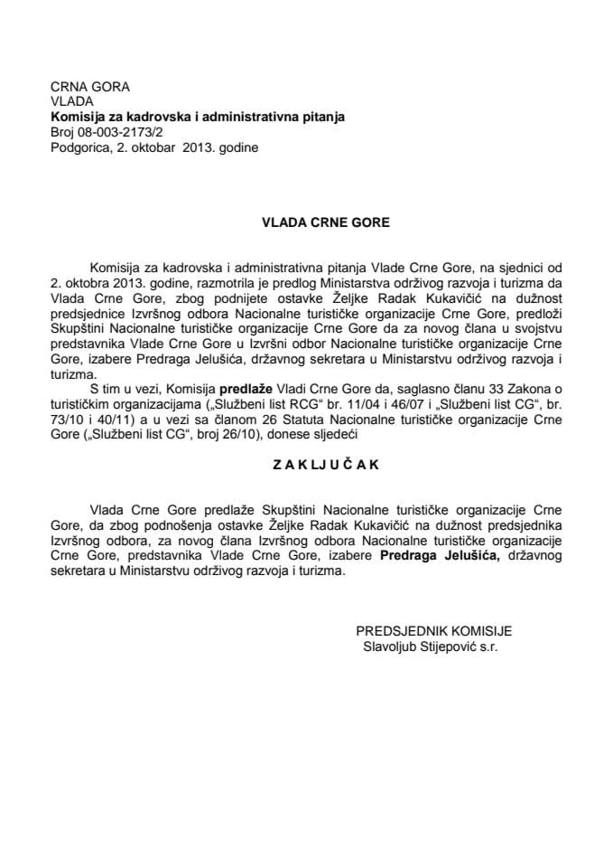 Предлог закључка о избору члана Извршног одбора Националне туристичке организације Црне Горе (за верификацију)