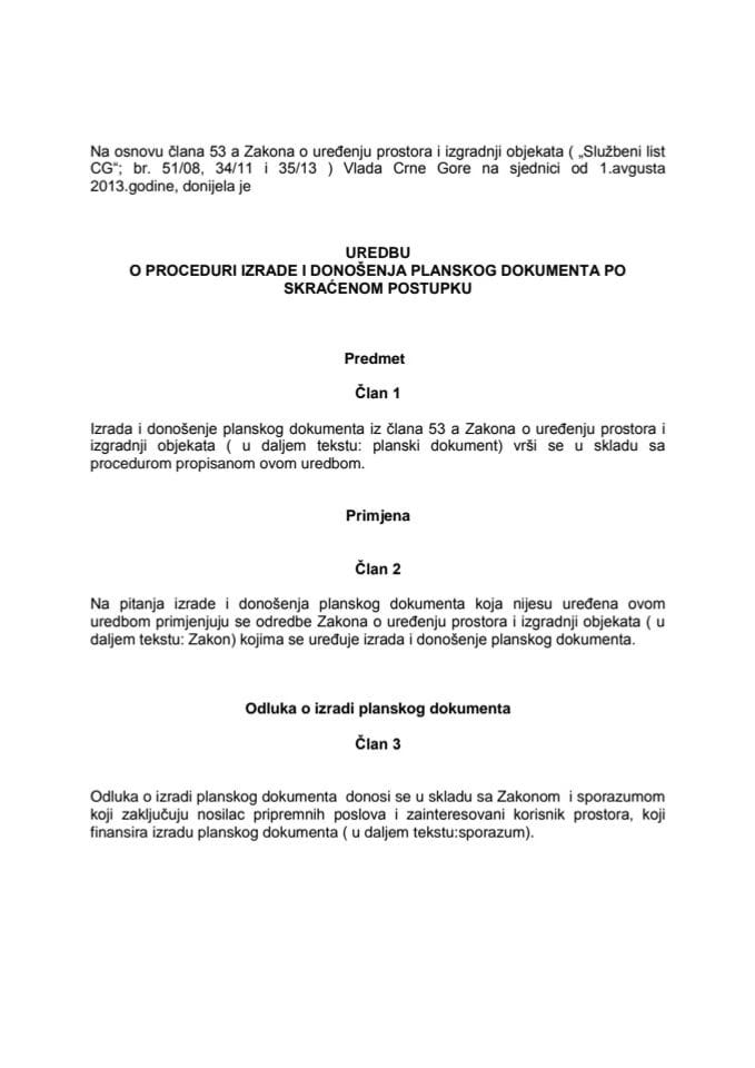 Uredba o proceduri izrade i donošenja planskog dokumenta po skraćenom postupku