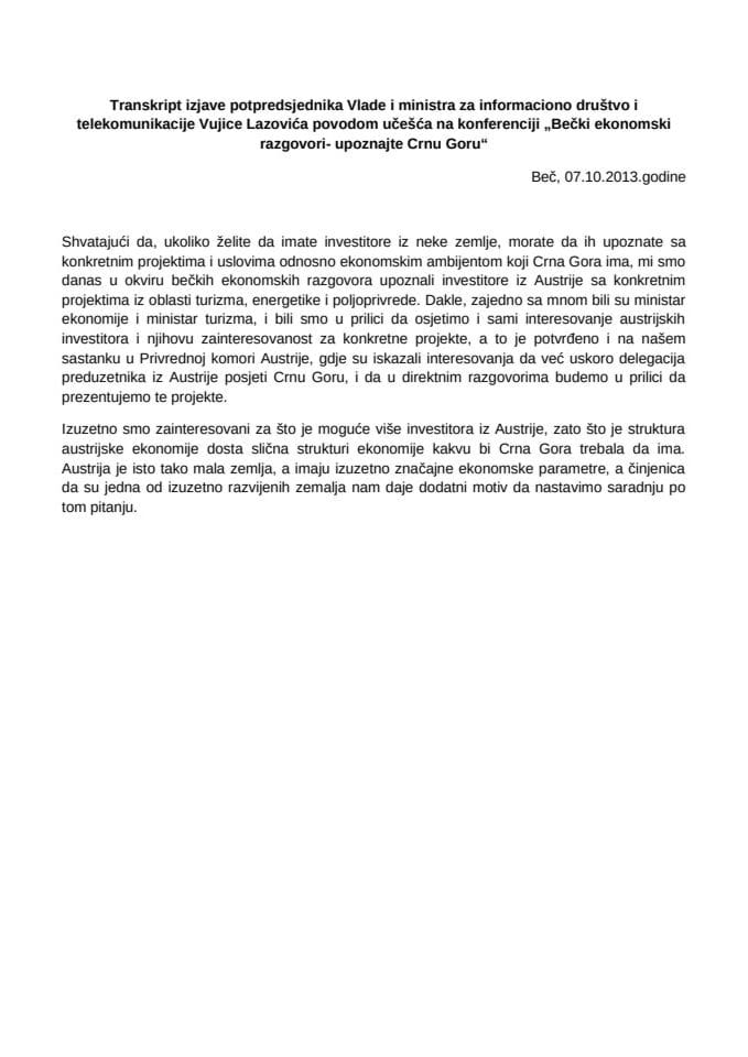 Трансктипт изјаве потпредсједника Лазовића поводом учешћа на конференцији "Бечки економски разговори - упознајте Црну Гору"