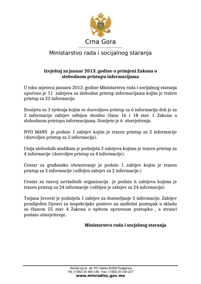 Извјештај за јануар 2013. године о примјени Закона о слободном приступу информацијама