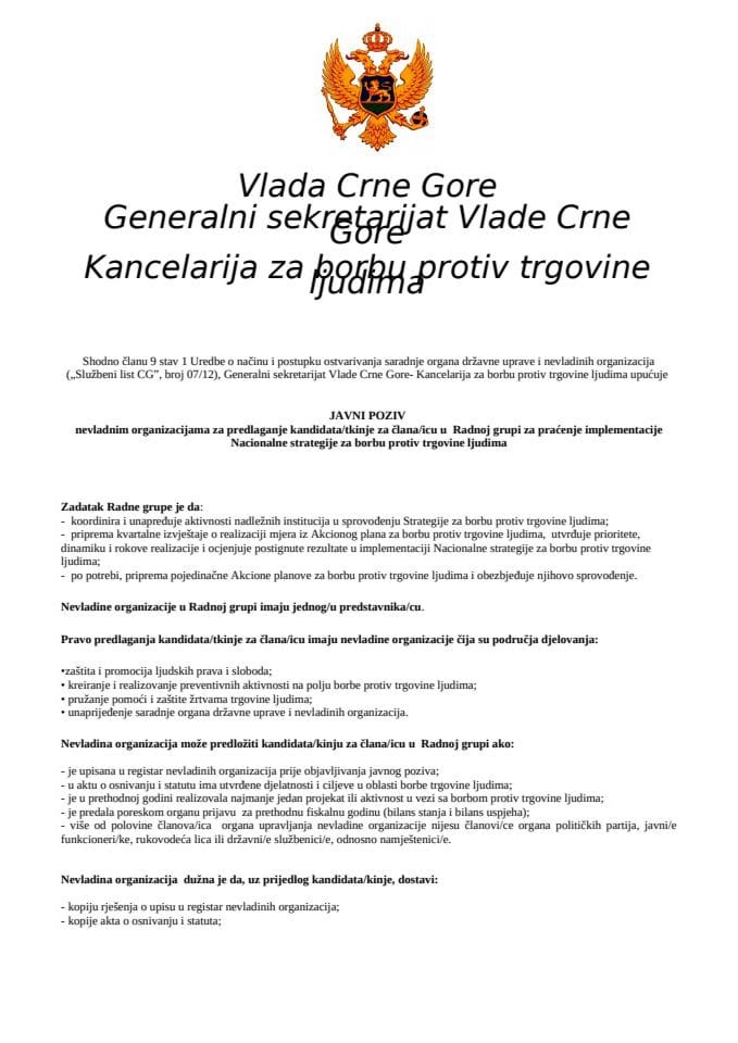 JAVNI POZIV nevladnim organizacijama za predlaganje kandidata/tkinje za člana/icu u Radnoj grupi za praćenje implementacije Nacionalne strategije za borbu protiv trgovine ljudima