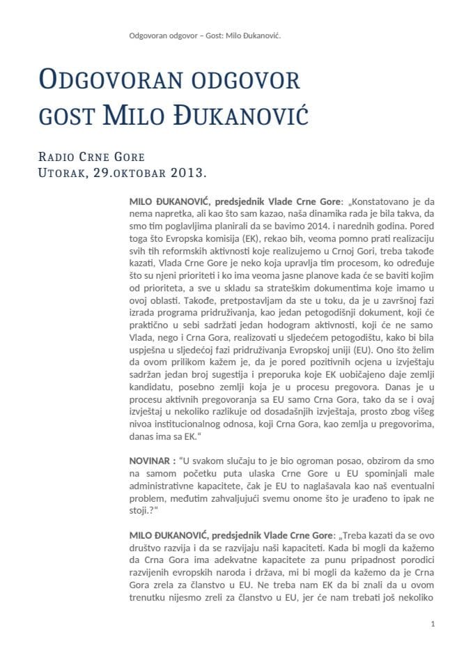 Transkript intervjua predsjednika Vlade Mila Đukanovića u emisiji Radija Crne Gore „Odgovoran odgovor”