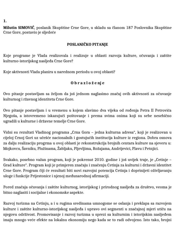 Odgovori predsjednika Vlade Mila Đukanovića na poslanička pitanja u okviru instituta „Premijerski sat“