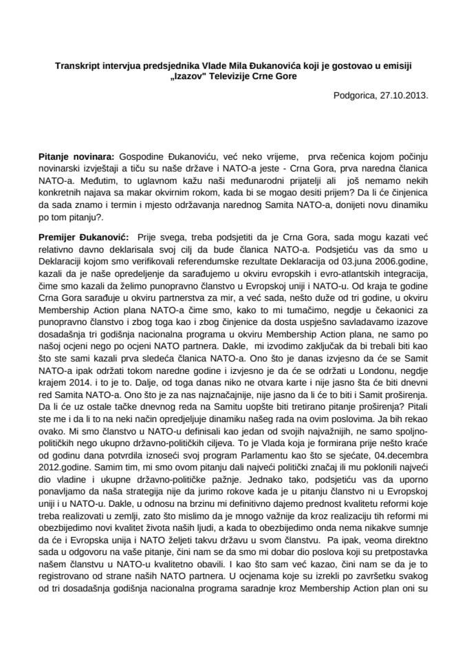 Транскрипт интервјуа предсједника Владе Мила Ђукановића за Телевизију Црне Горе