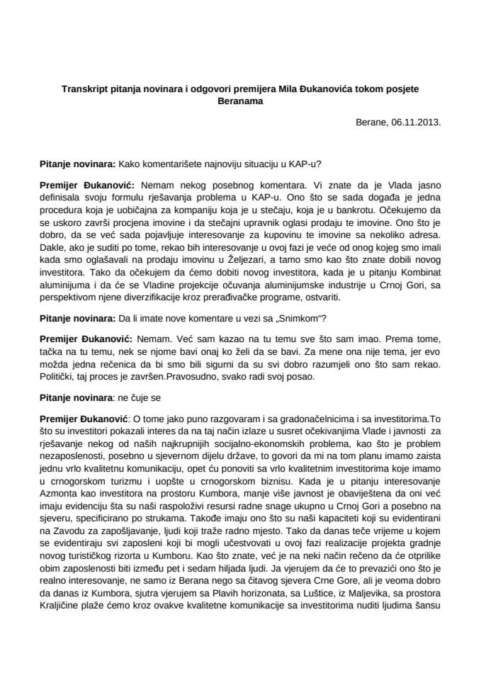 Транскрипт питања новинара и одговора премијера Мила Ђукановића током посјете Беранама