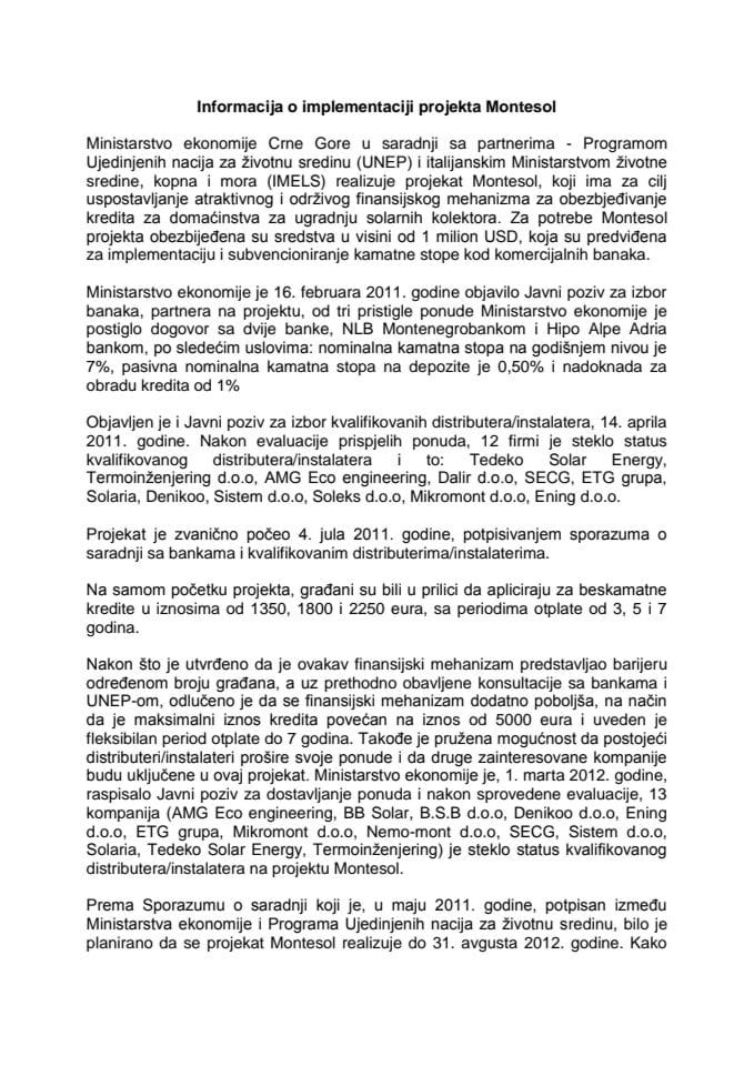 Informacija o implementaciji projekta Montesol s Predlogom amandmana na Sporazum (za verifikaciju)