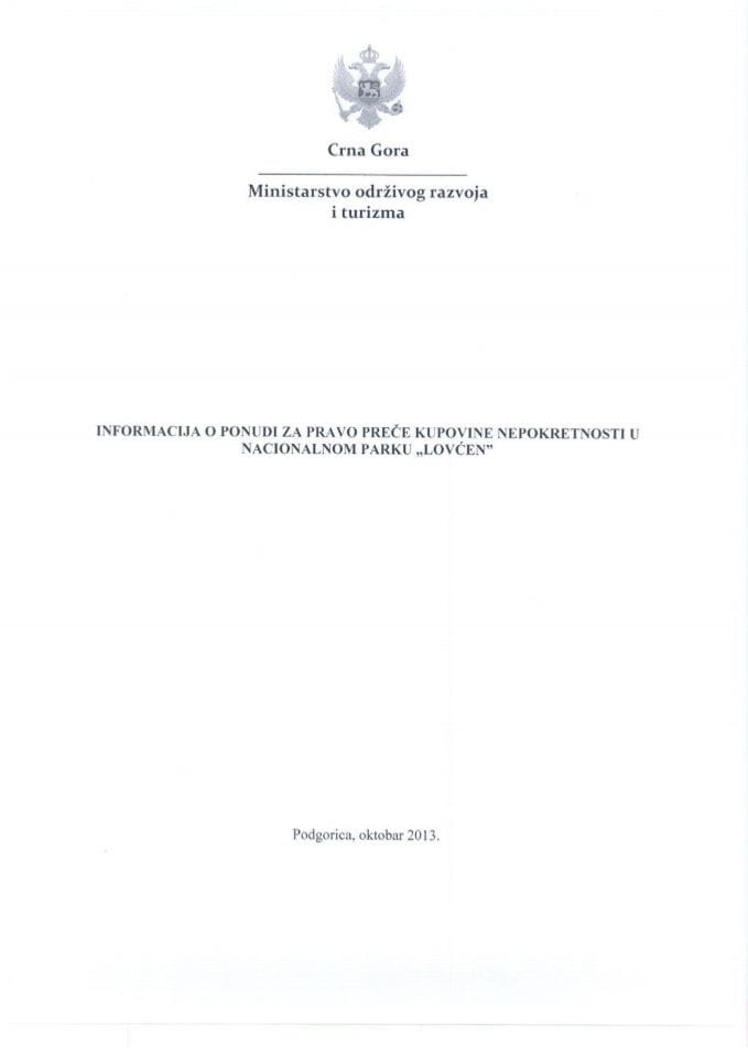 Informacija o ponudi za pravo preče kupovine nepokretnosti u Nacionalnom parku "Lovćen" (podnosilac zahtjeva Milan Radonjić) (za verifikaciju)