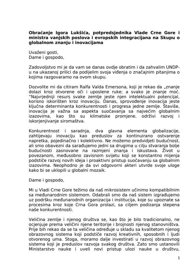 Prevod govora potpredsjednika Vlade Igora Lukšića na otvaranju trodnevnog zasijedanja Programa Ujedinjenih nacija za razvoj (UNDP)