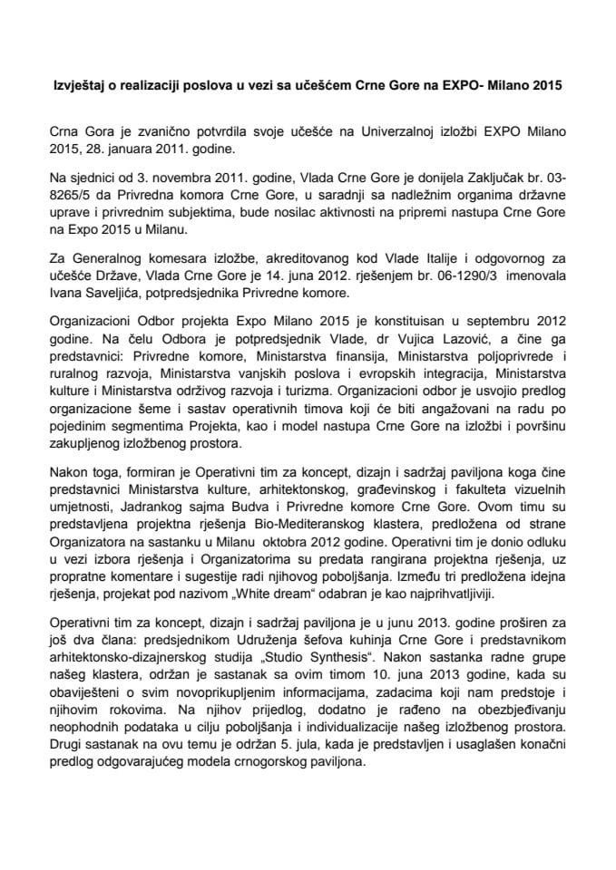 Извјештај о реализацији послова у вези са учешћем Црне Горе на ЕXПО - Милано 2015