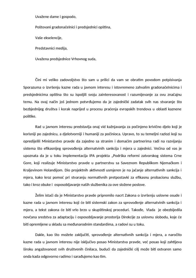 Govor potpredsjednika Vlade i ministra pravde Duška Markovića nakon potpisivanja sporazuma o izvršenju kazne rada u javnom interesu sa opštinama Podgorica, Cetinje, Danilovgrad, Herceg Novi i Kotor