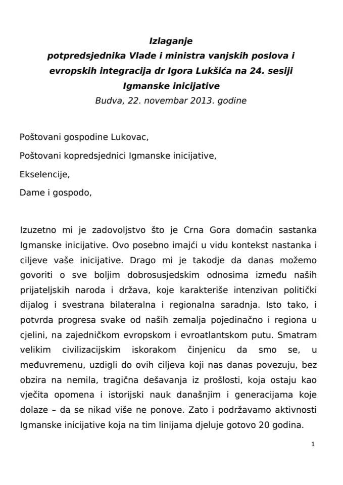 Izlaganje potpredsjednika Lukšića na 24 sesiji igmanske inicijative