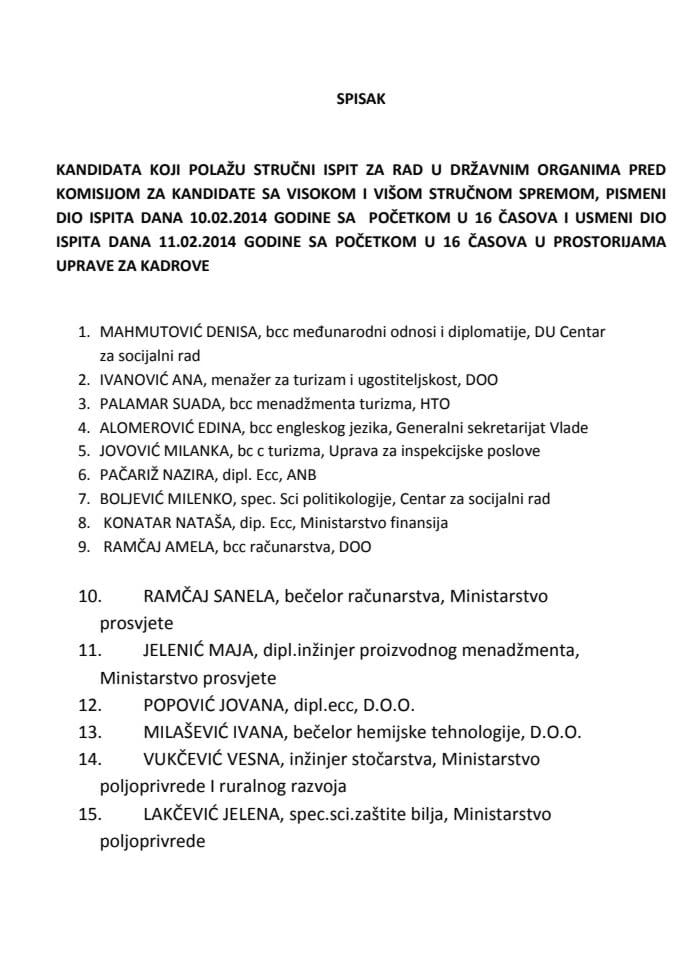 Spisak kandidata sa Visokom i Višom stručnom spremom koji polažu stručni ispit za rad u državnim organima 10. i 11. Februara 2014. godine