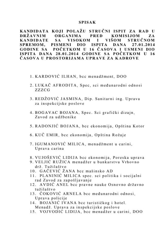 Spisak kandidata sa Visokom i Višom stručnom spremom koji polažu stručni ispit za rad u državnim organima 27. i 28. Januara 2014. godine