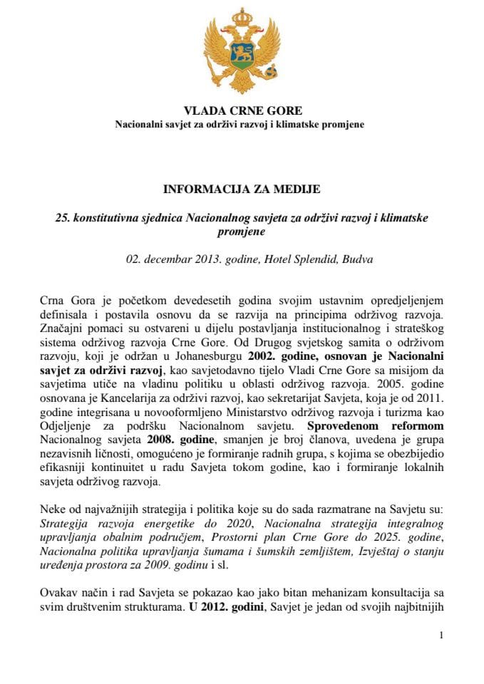 Информација за медије: 25. конститутивна сједница Националног савјета за одрживи развој и климатске промјене