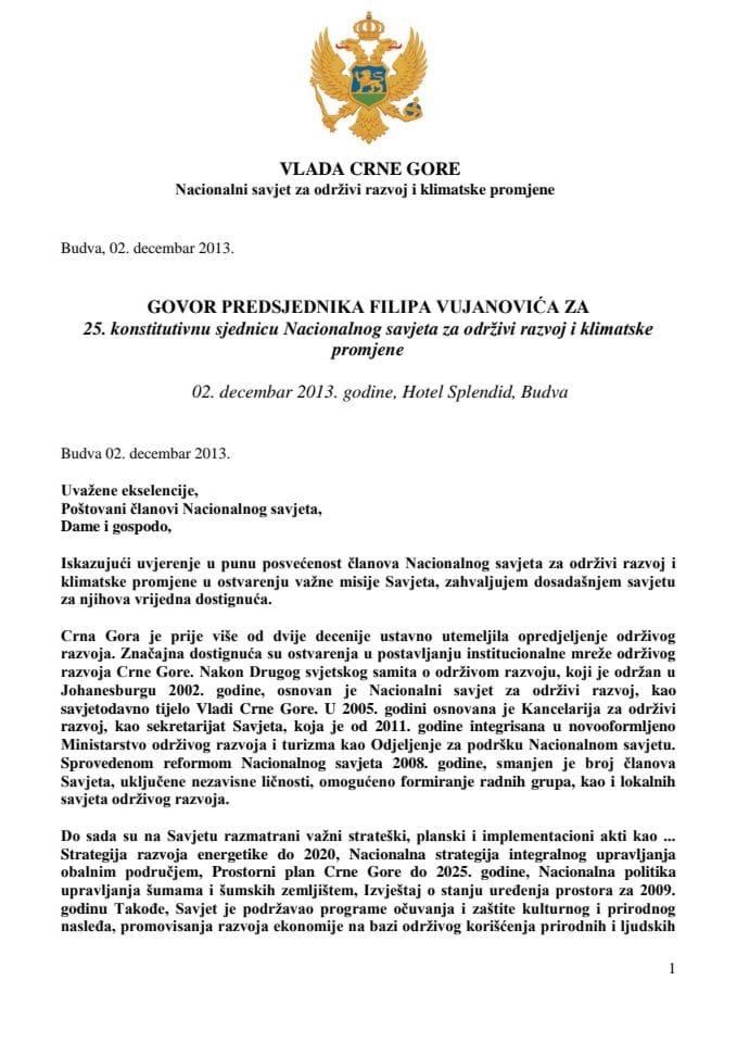 Govor Predsjednika Filipa Vujanovića za 25. konstitutivnu sjednicu Nacionalnog savjeta za održivi razvoj i klimatske promjene