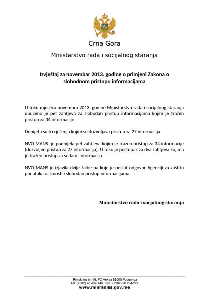 Извјештај за новембар 2013 о примјени Закона о слободном приступу информацијама 