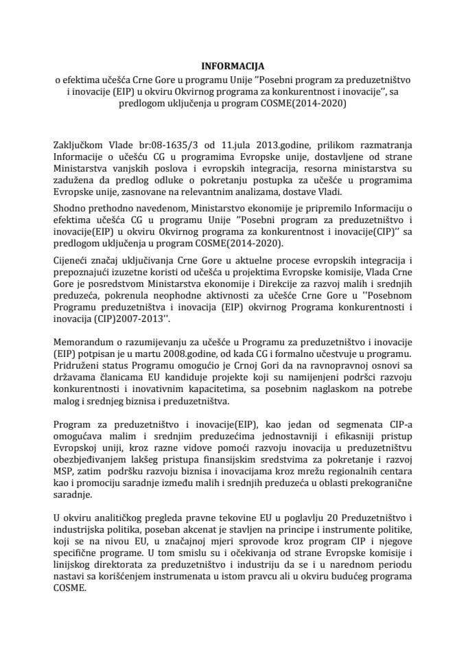 Informacija o efektima učešća Crne Gore u programu Unije Posebni program za preduzetništvo i inovacije u okviru Okvirnog programa za konkurentnost i inovacije