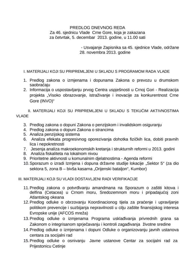 Предлог дневног реда за 46. сједницу Владе Црне Горе