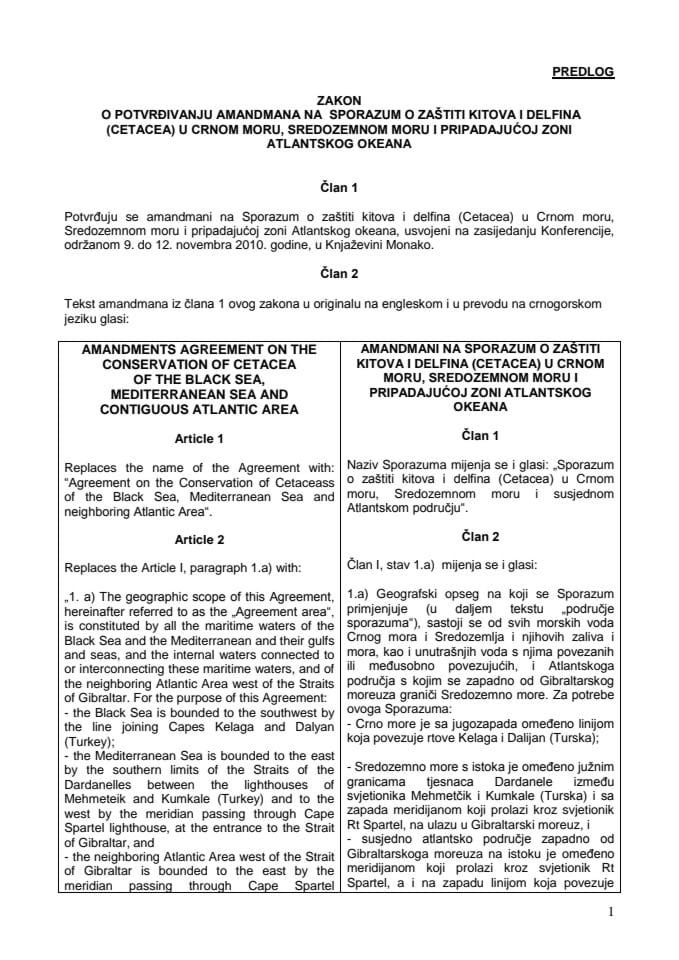 Predlog zakona o potvrđivanju amandmana na Sporazum o zaštiti kitova i delfina (Cetacea) u Crnom moru, Sredozemnom moru i pripadajućoj zoni Atlantskog okeana (za verifikaciju)