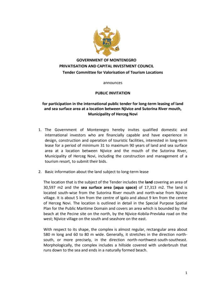 PUBLIC INVITATION for participation in the international public tender for long-term leasing of land and sea surface area at a location between Njivice and Sutorina River mouth, Municipality of Herceg