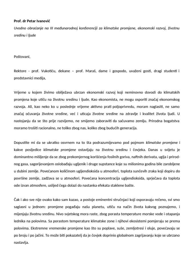 Izlaganje ministra poljoprivrede i ruralnog razvoja Petra Ivanovića na Trećoj međunarodnoj konferenciji za klimatske promjene, ekonomski razvoj, životnu sredinu i ljude