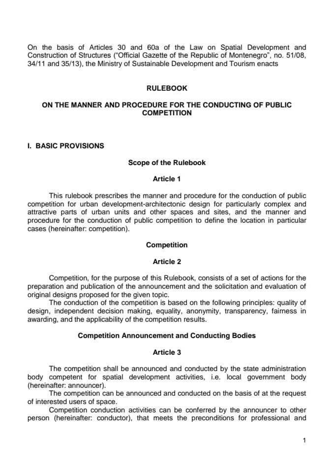 Rulebook on the manner and procedure for the conducting of public competition