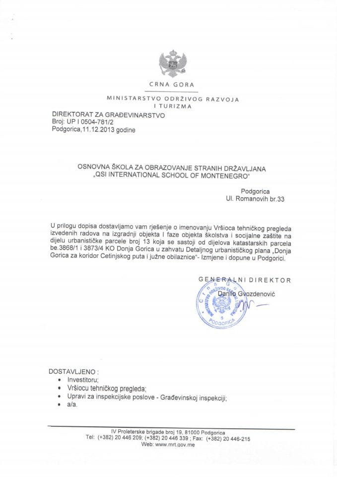 UPI 0504-781-2 Osnovna skola za obrazovanje stranih drzavljana  Qsi internacional school Montenegro