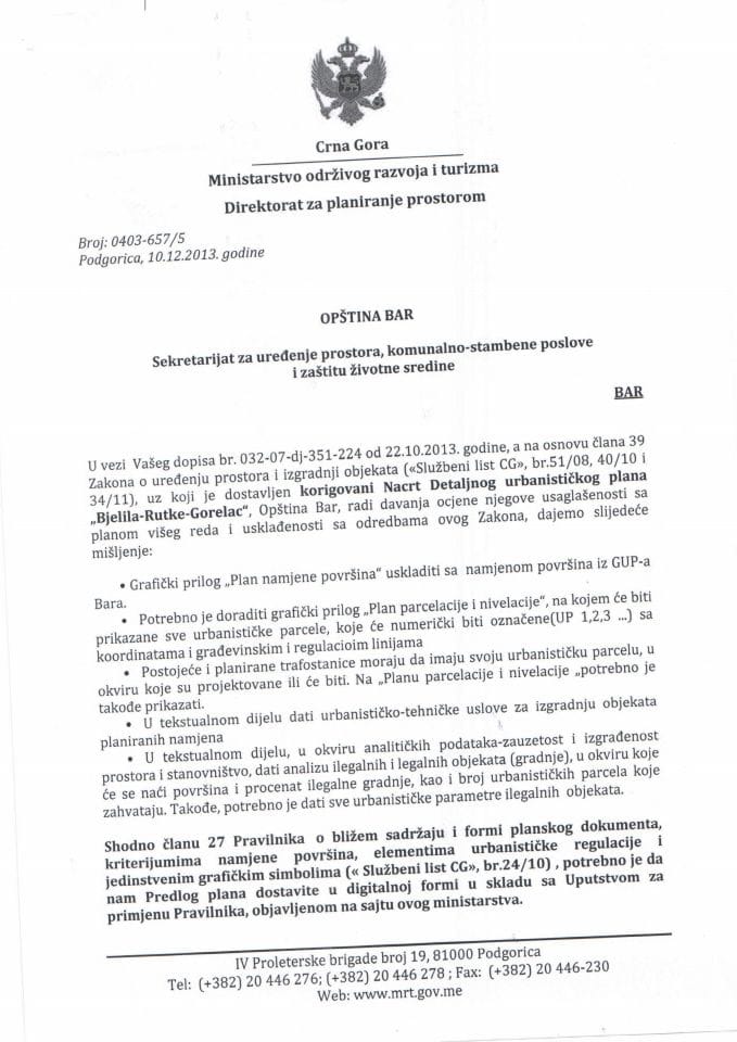 0403_657_5 MIŠLJENJE NA NACRT DUP-A BJELILA RUTKE GORELAC OŠTINA BAR