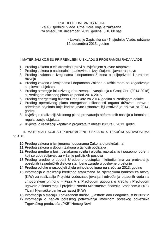 Предлог дневног реда за 48. сједницу Владе Црне Горе