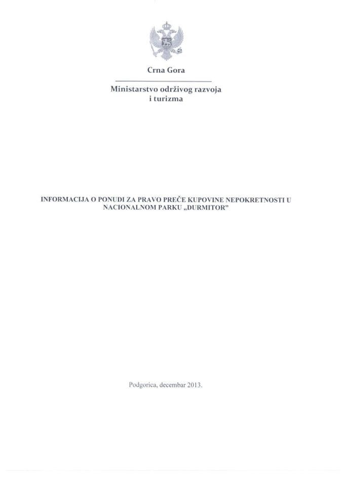 Informacija o ponudi za pravo preče kupovine nepokretnosti u Nacionalnom parku "Durmitor" (podnosilac zahtjeva Momir Radulović) (za verifikaciju)