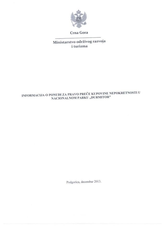 Informacija o ponudi za pravo preče kupovine nepokretnosti u Nacionalnom parku "Durmitor" (podnosilac zahtjeva Slobodyan Denis Borisovich) (za verifikaciju)