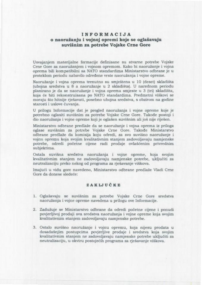 Informacija o naoružanju i vojnoj opremi koje se oglašavaju suvišnim za potrebe Vojske Crne Gore (za verifikaciju)