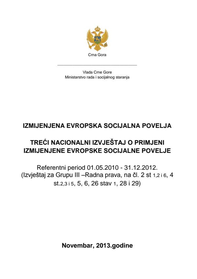 Treći nacionalni izvještaj o primjeni Izmijenjene Evropske socijalne povelje (za verifikaciju)