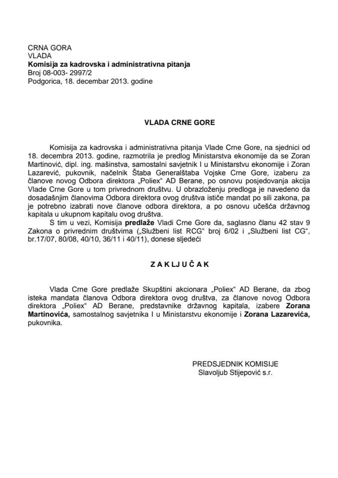 Predlog zaključka o izboru članova Odbora direktora "Poliex" AD Berane (za verifikaciju)