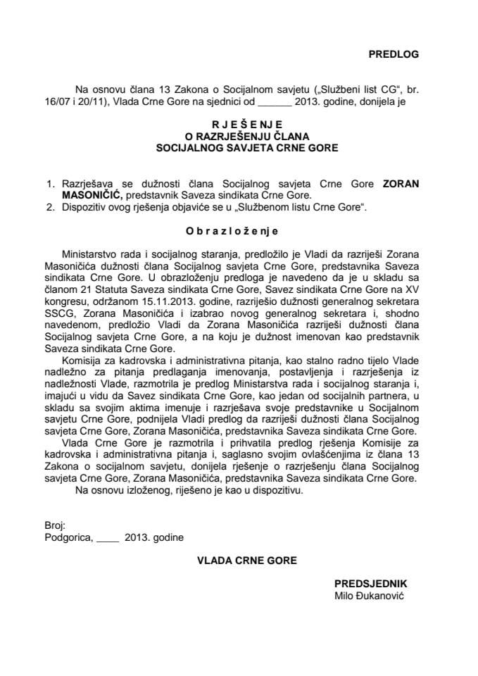 Predlog rješenja o razrješenju i imenovanju člana Socijalnog savjeta Crne Gore (za verifikaciju)