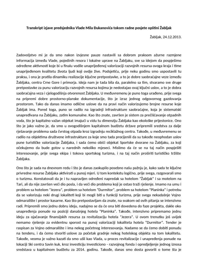 Транскрипт изјаве предсједника Владе Мила Ђукановића током радне посјете општини Жабљак