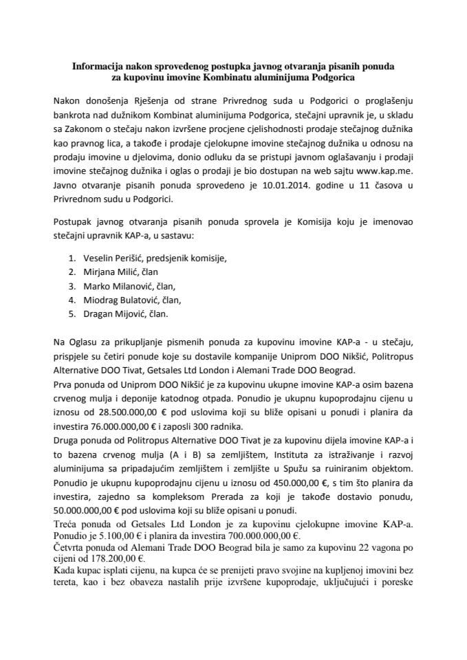 Informacija o otvaranju ponuda za kupovinu imovine Kombinata aluminijuma Podgorica u stečaju s predlogom aktivnosti
