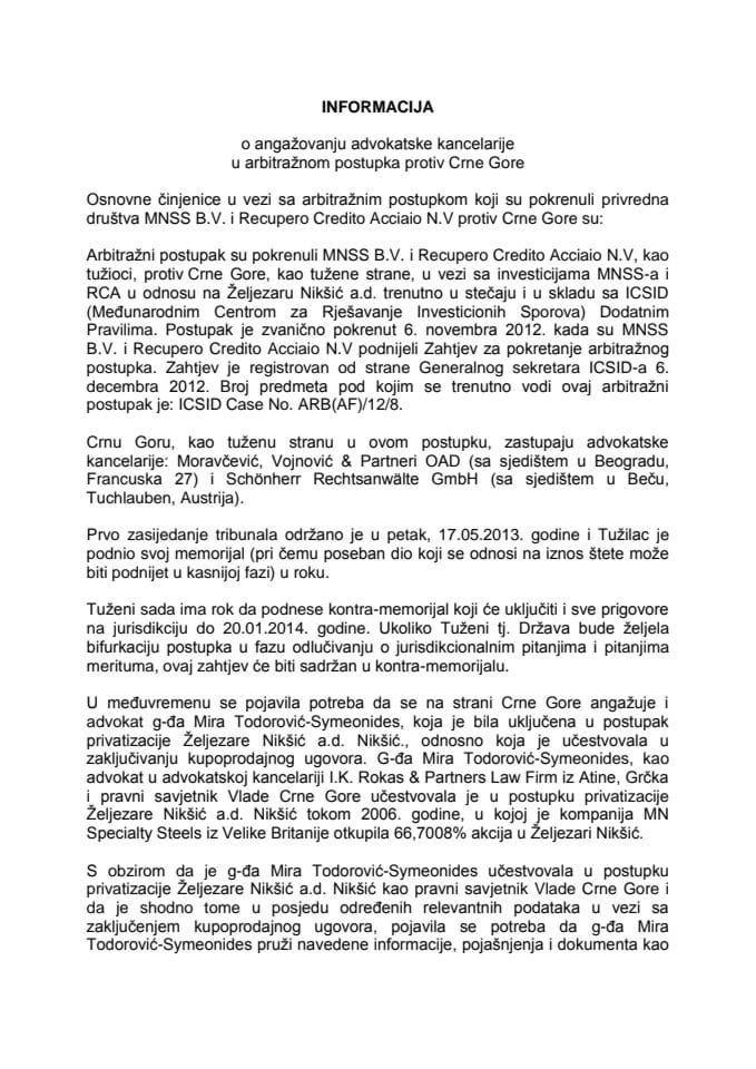 Informacija o angažovanju advokatske kancelarije u arbitražnom postupka protiv Crne Gore 