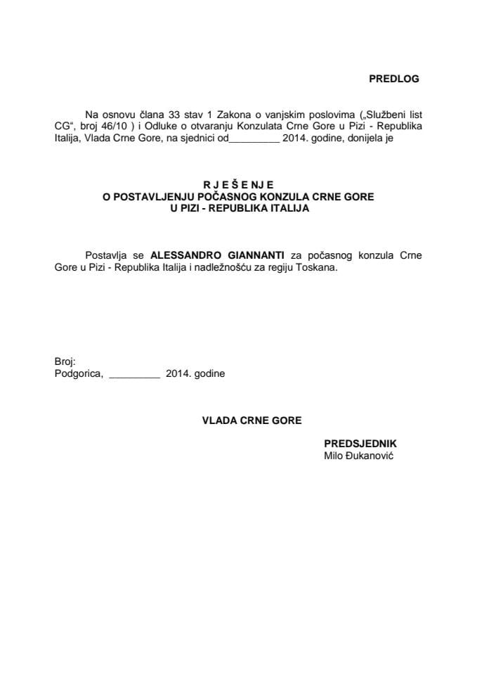 Предлог рјешења о постављењу почасног конзула Црне Горе у Пизи – Република Италија (за верификацију)