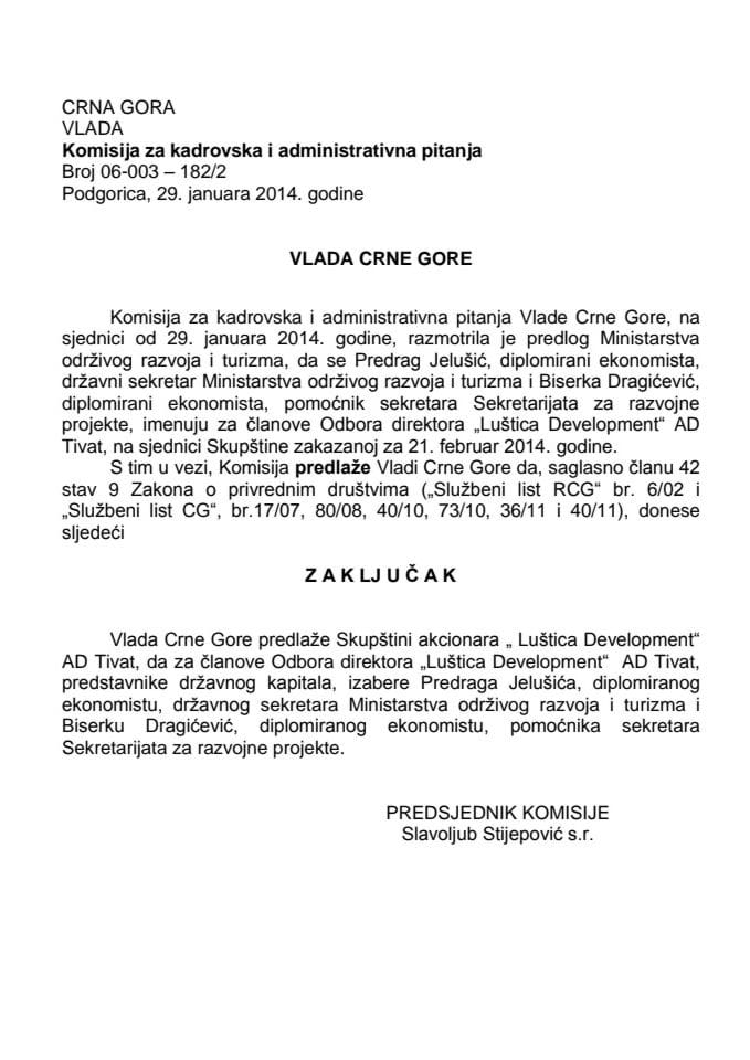 Predlog zaključka o izboru članova Odbora direktora „Luštica Development“ AD Tivat (za verifikaciju)