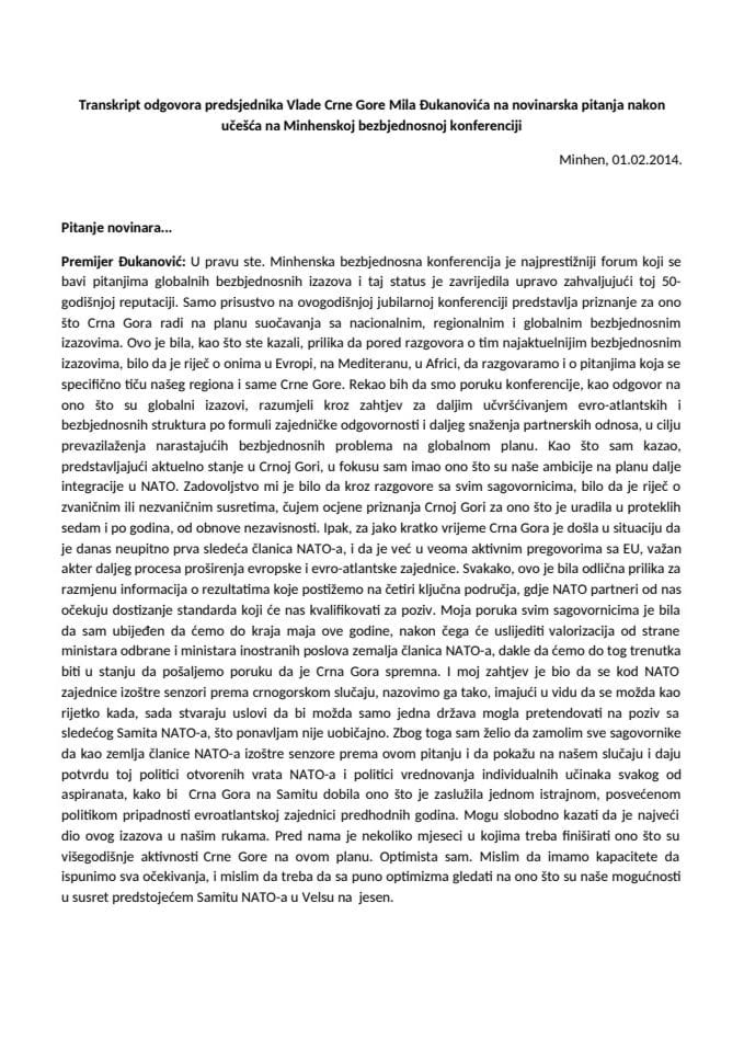 Transkript odgovora predsjednika Vlade Crne Gore Mila Đukanovića na novinarska pitanja nakon učešća na Minhenskoj bezbjednosnoj konferenciji