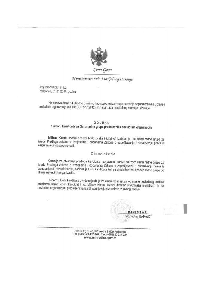 Odluka o izboru kandidata NVO - Predlog zakona o izmjenama i dopunama Zakona o zapošljavanju ..