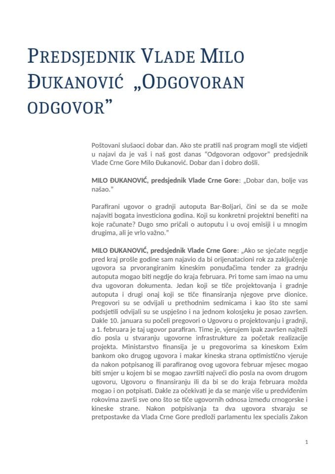 Transkript intervjua predsjednika Vlade Mila Đukanovića u emisiji Radija Crne Gore „Odgovoran odgovor” 